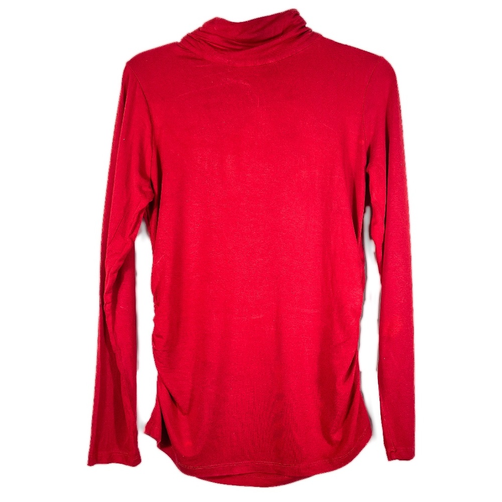 Red Long Sleeved Mock Turtleneck Top with Ruching on Sides and Neck